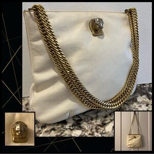 Vintage Ruth Saltz Ivory White Leather Goldtone Cougar Head Hardware Chain
Strap